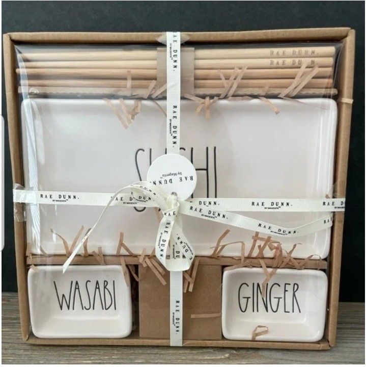 Rae Dunn White Sushi Ginger Wasabi Plate/Chopstick Set


