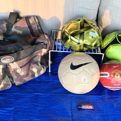 Soccer Balls + Accessories Bundle: Sports Duffel/ Nike Manchester Size 5 4 3 2