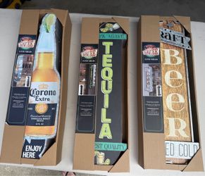 Off the wall double sided  batterie operated bar lights corona 7.25x4x25.25, tequila 7.25x3x25, beer 9x3.25x25. 35.00 each