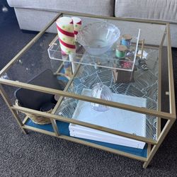 3-Shelf Square Glass Coffee Table, Satin Gold Finish