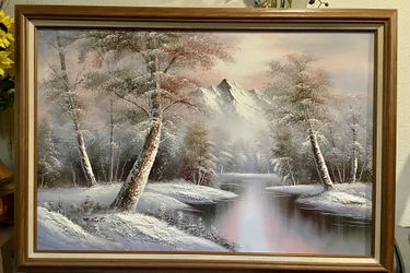 24x36 ,Oil On Canvas , Snow Mountain River Land Scape Painting By M. Scott.