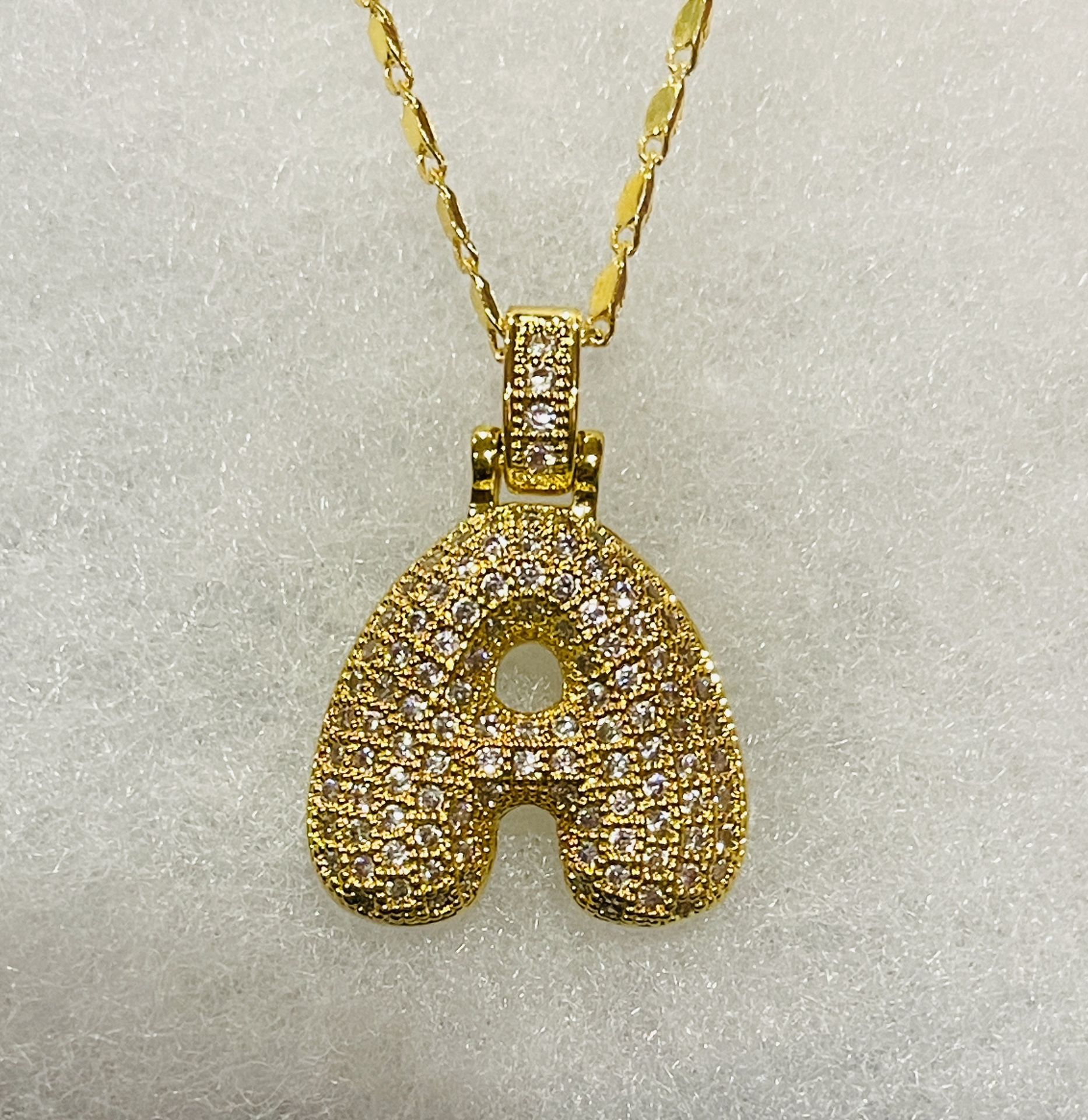 New Gold Tone Bubble Letter A With Tiny Gems Pendant On A Gold Tone Chain