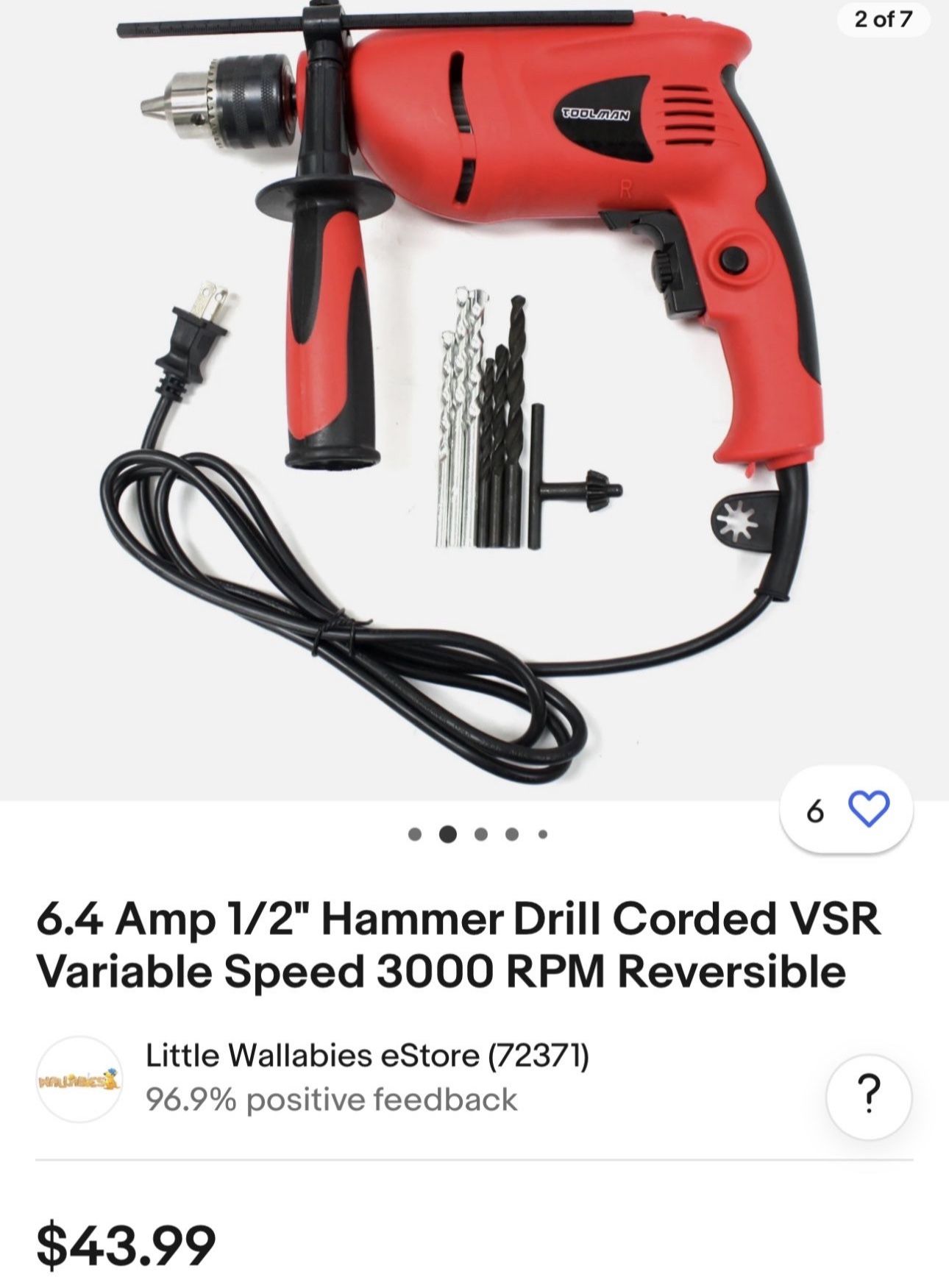 6.4 Amp 1/2" Hammer Drill Corded VSR Variable Speed 3000 RPM Reversible