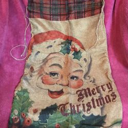 Christmas Vintage Look Santa Merry Christmas Fabric 31” x 18” Gift Sack Bag NEW!