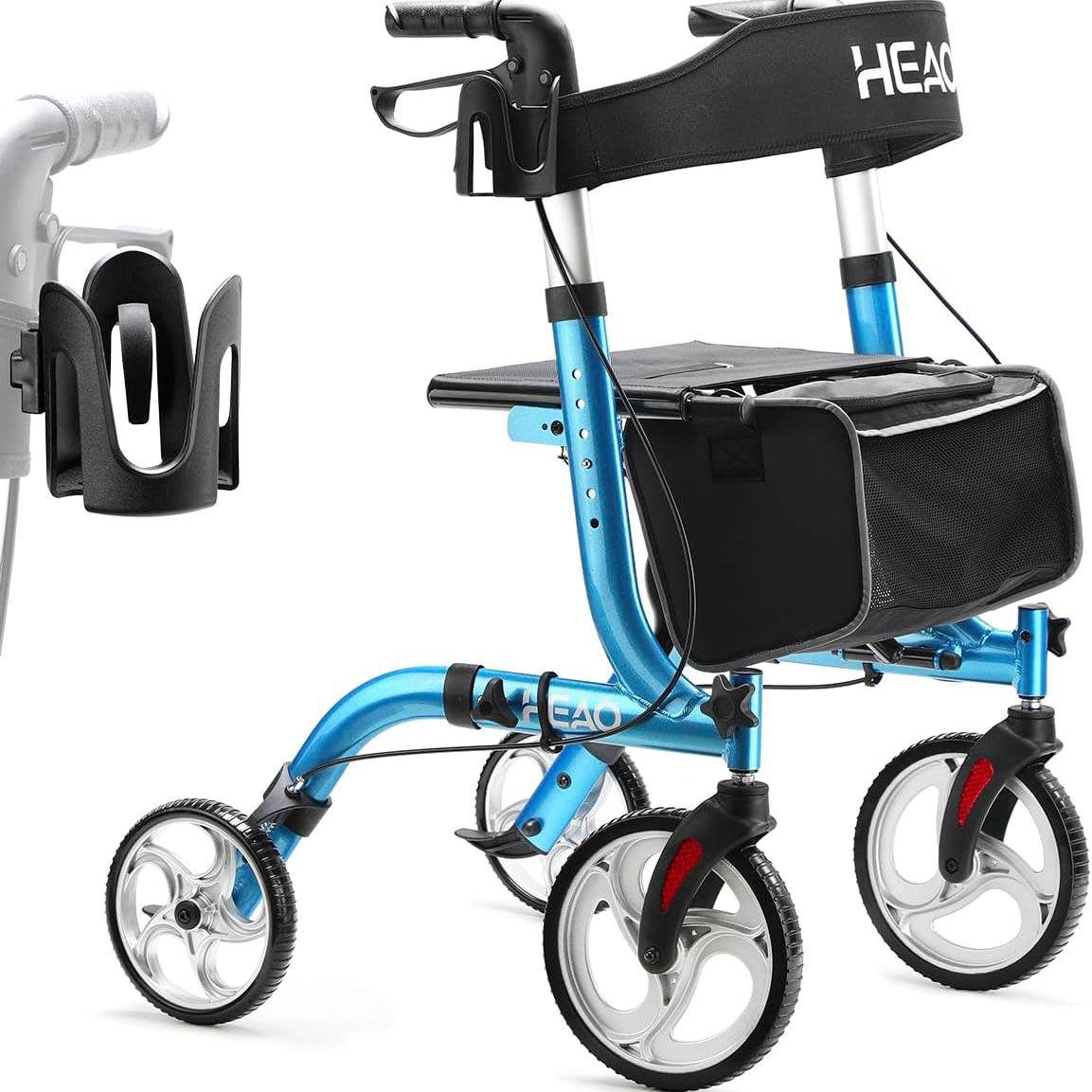 HEAO Rollator Walker for Seniors, Rolling Walkers with Cup Holder and 10" Wheels, Lightweight Mobility Walking Aid with Seat Compact Folding, Blue