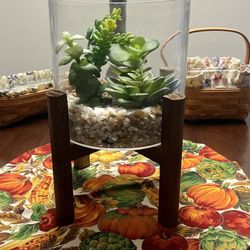 Artificial Succulent Terrarium On Wooden Stand