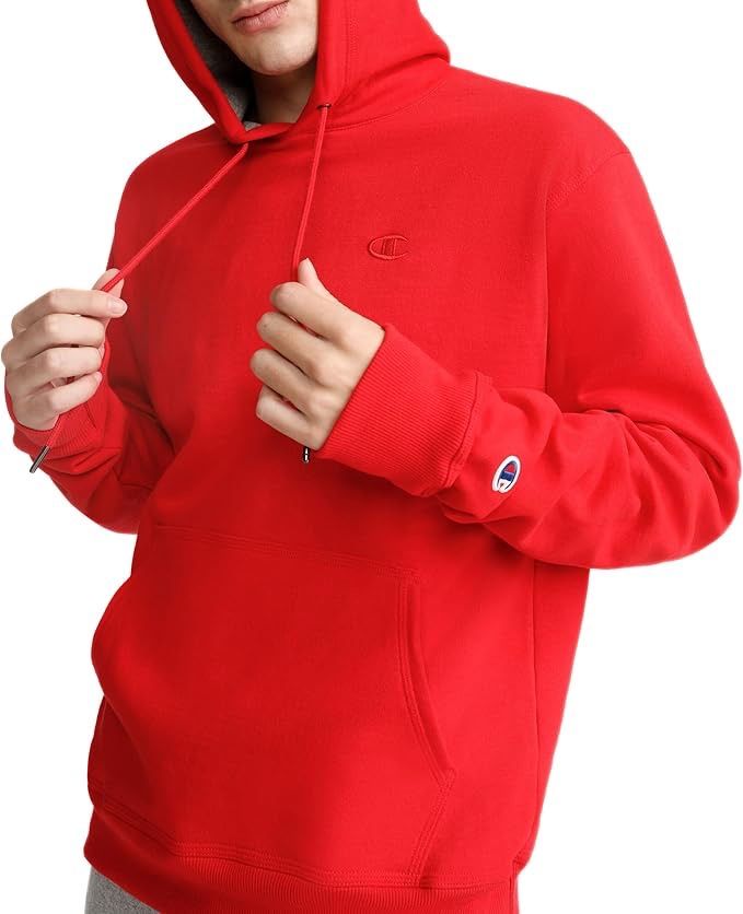 Champion Men's Pullover Fleece Hoodie, Standard Fit, Midweight, Team Red Scarlet-C Logo Large and Medium