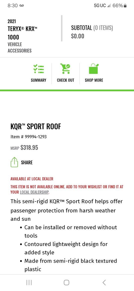 Kawasaki KRX1000 OEM Sport Roof