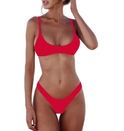 SherryDC Women's Solid Scoop Neck Push Up Padded Brazilian Thong Bikini Swimsuit,Red,(US 4-6) M 