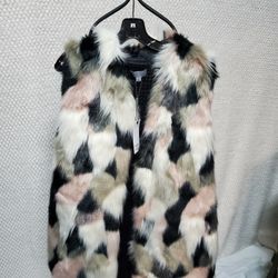 Warm Black Pink White Furry Vest XL