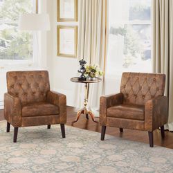 Comfy Modern Button Tufted Arm Accent Chair, Yellowish Brown (Set of 2)
