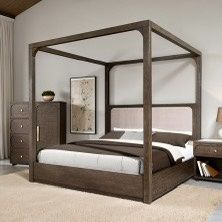 Canopy Bed - Dark Walnut Wood With Beige Upholstered Headboard