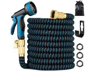 Expandable Garden Hose with 10-Pattern Spray Nozzle, 100 FT, Lightweight Flexible Hose with Connectors ( Blue)