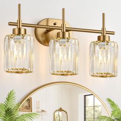 Modern Crystal Bathroom Vanity Light, 3-Light Brushed Gold Bathroom Light Fixtures with Clear Shades, Vanity Lighting Fixtures Over Mirror (Exclude Bu