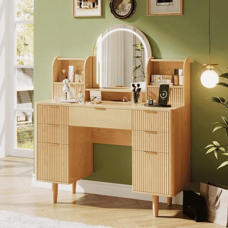 44.3" Vanity Desk with LED Mirror & 7 Drawers, Makeup Dressing Table with Lights & Storage