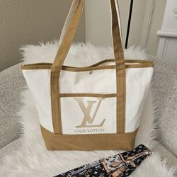 Large White and Brown Canvas Totebag