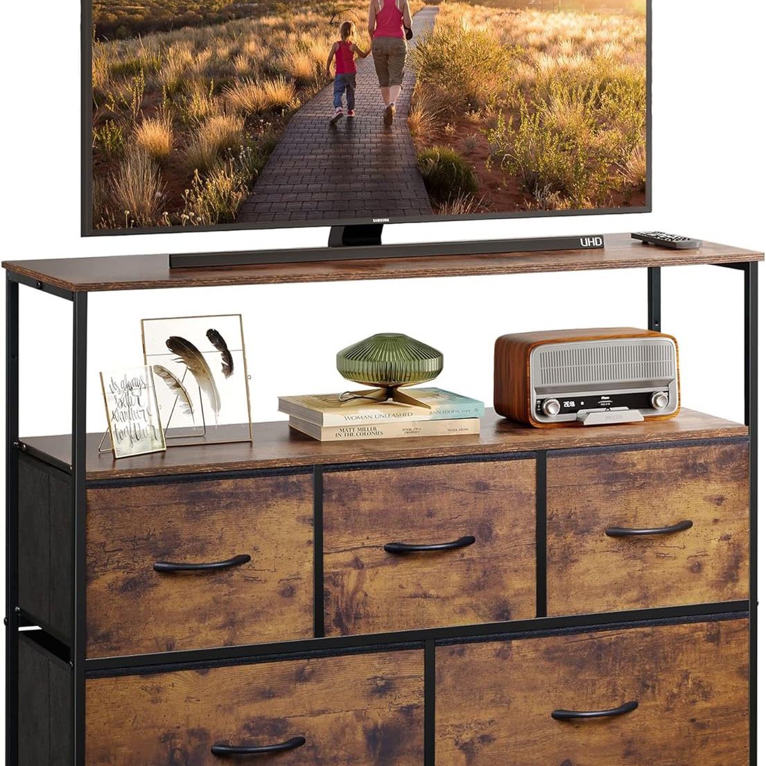WLIVE Dresser TV Stand, Entertainment Center with Fabric Chest of Drawers for Bedroom, Media Console Table with Metal Frame and Wood Top for TV up to 