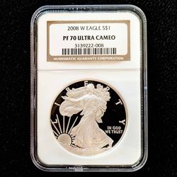 2008-W American Eagle 1oz fine .999 pure silver PF70 Ultra Cameo proof $1 coin
