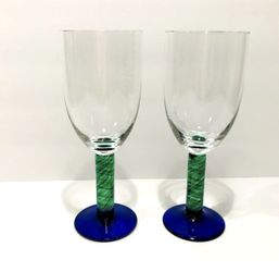 Vintage Fostoria Green Stem Blue Foot Set of 2 Wine Glasses 8”. Very good condition 