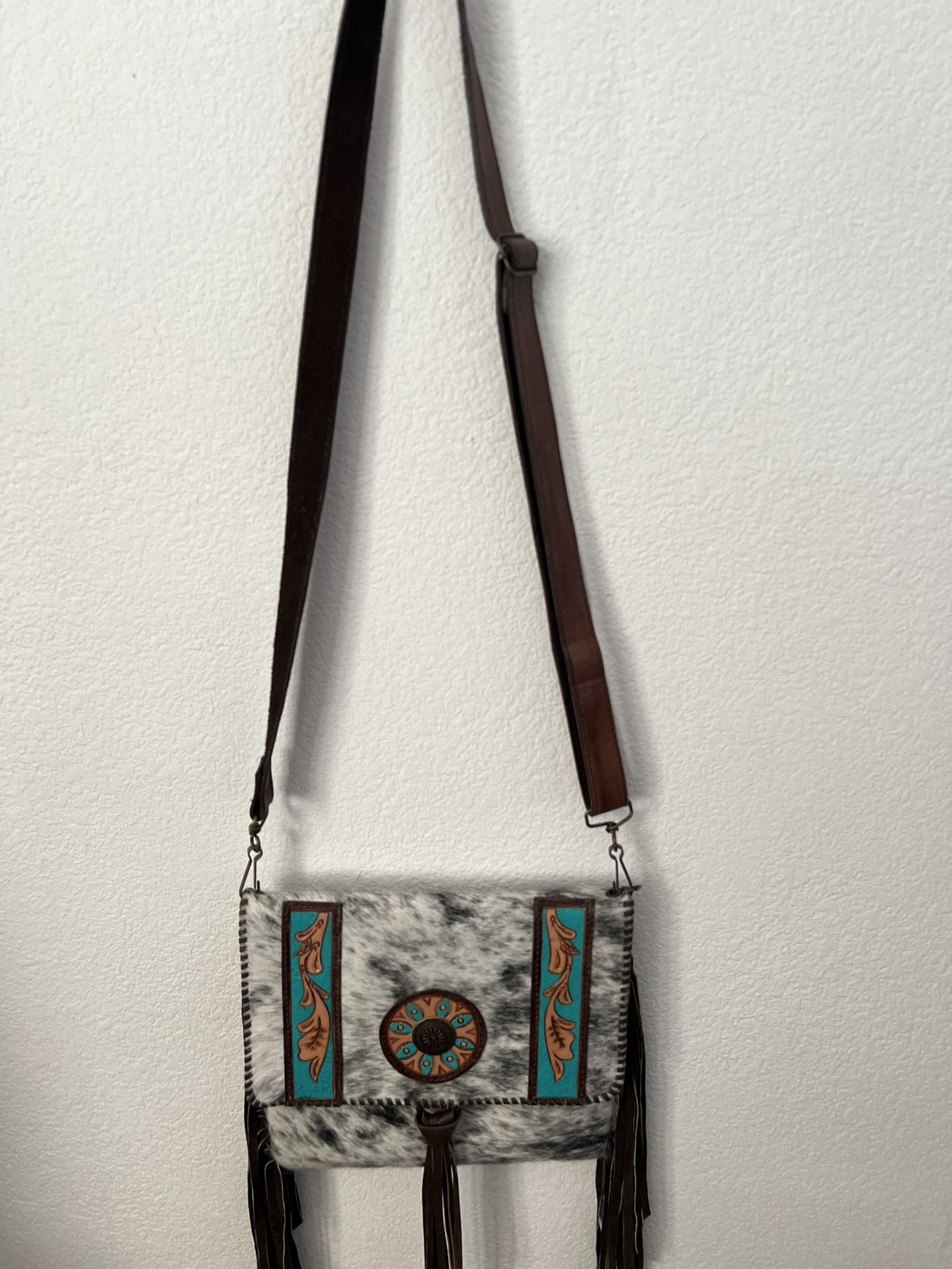 Turquoise Cowhide And Hand Tooled Crossbody Purse