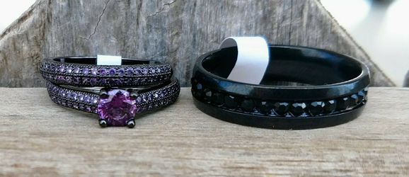 BLACK GOLD FILLED COUPLE'S ENGAGEMENT WEDDING RING SET