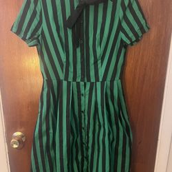 Retro Black and Green Striped Print Dress Dance Halloween Costume w/pockets L
