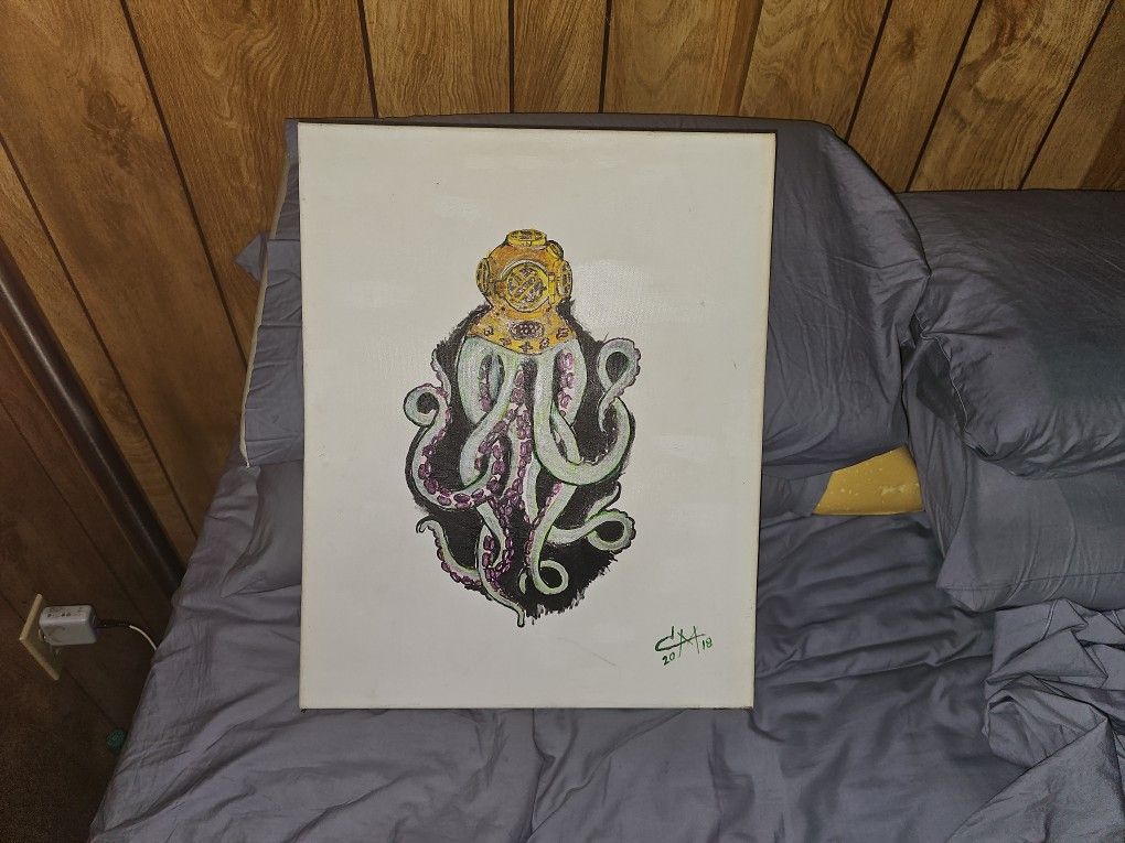20"x16" Painting Of A Diving Helmut Inhabitated By A Octopus