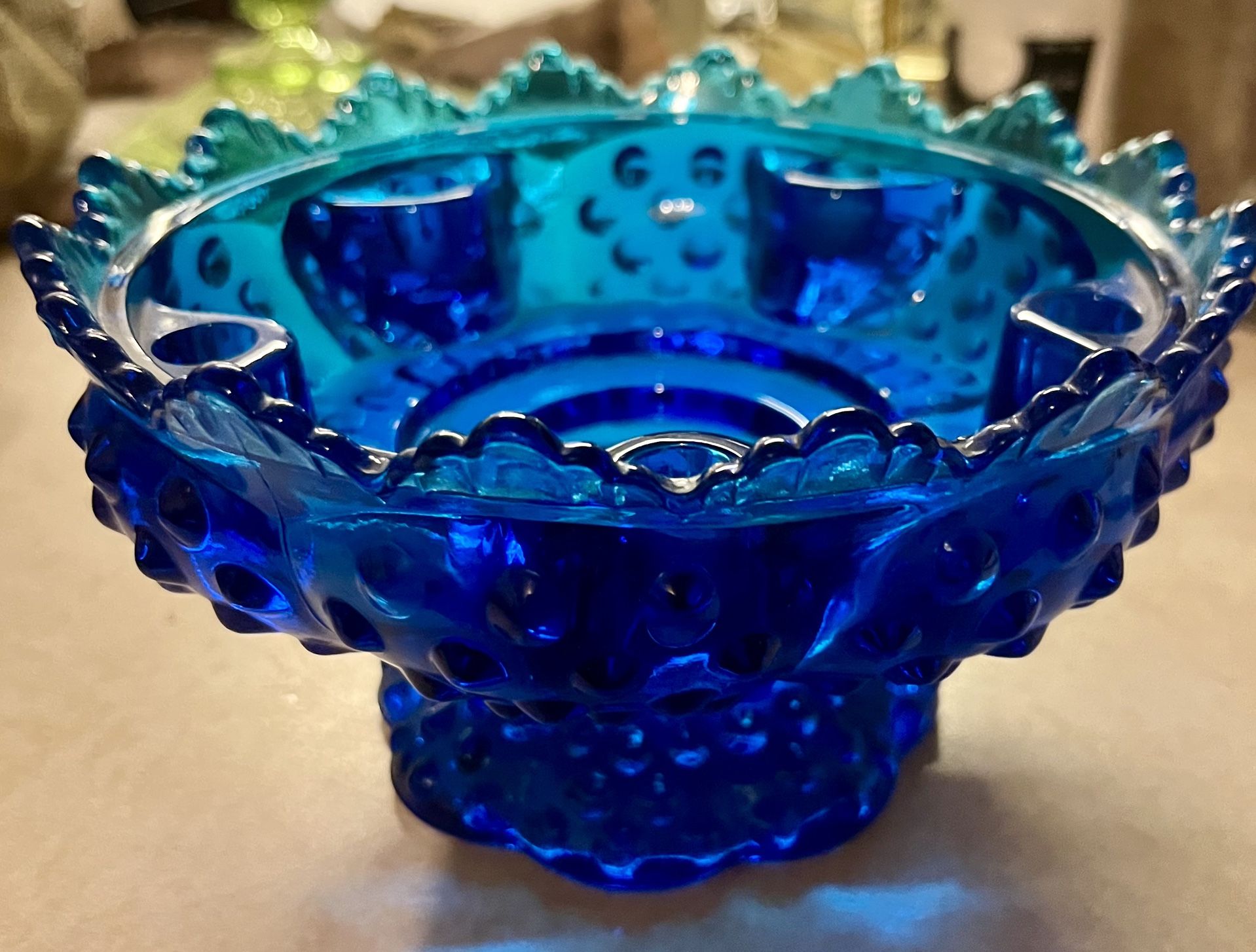 Fenton Hobnail Colonial Blue 6 Candle Holder Bowl