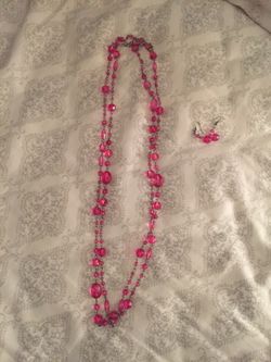 Pink crystal beaded long necklace and earrings