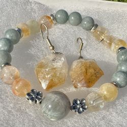 Citrine, Jade And Labradorite Bracelet And Citrine Earrings Set