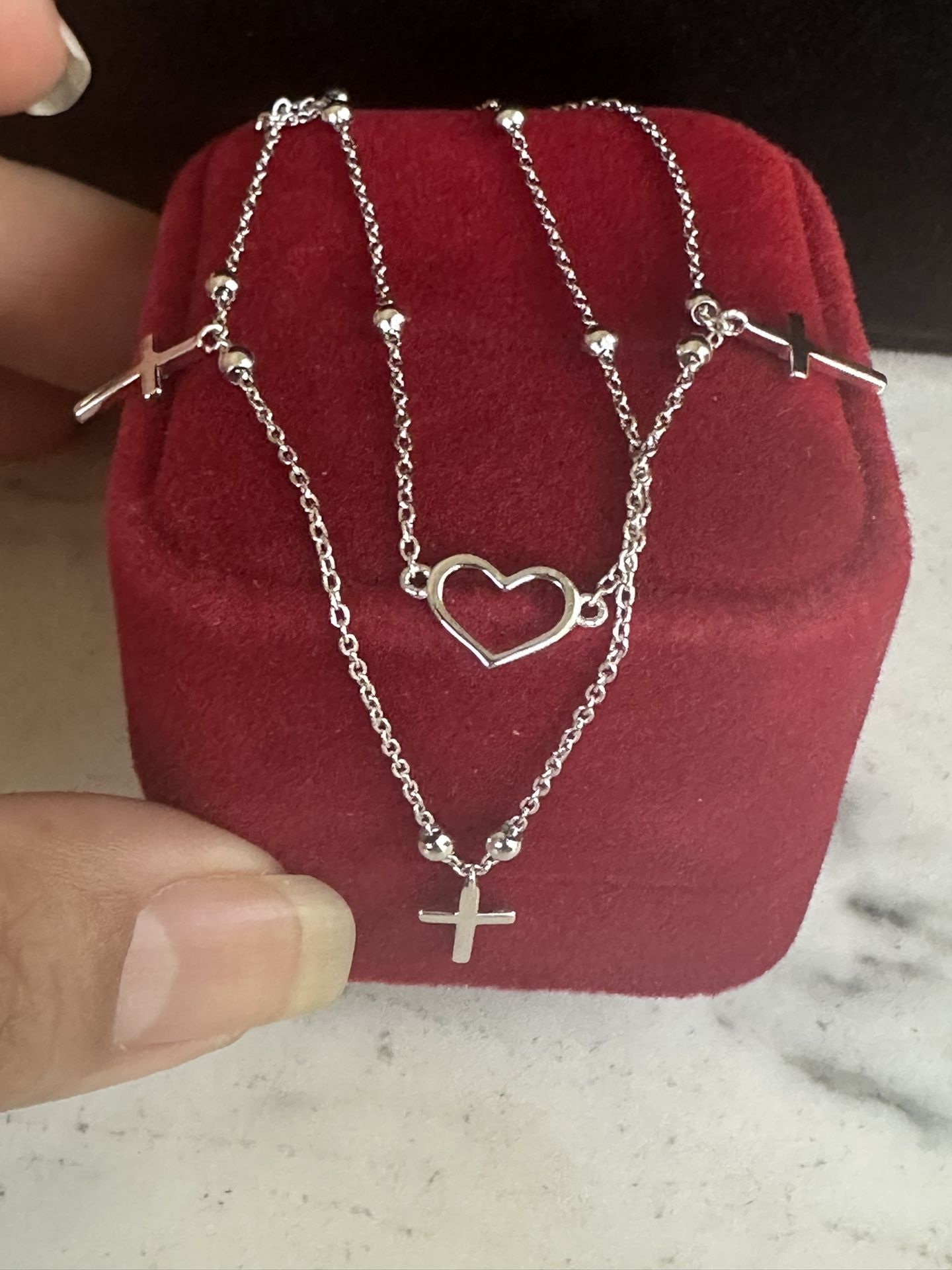 925 Sterling Silver Crosses And Heart ❤️ Anklet , Total 10 In. Including Extender , Anklet Or Bracelet , Marked 925 , Beautiful!!