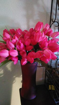 Flower ..tiny pink tulips in Red vase.