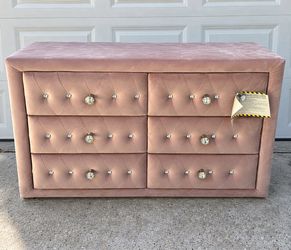 New Light Pink Velvet Tufted Dresser with Crystal Accents