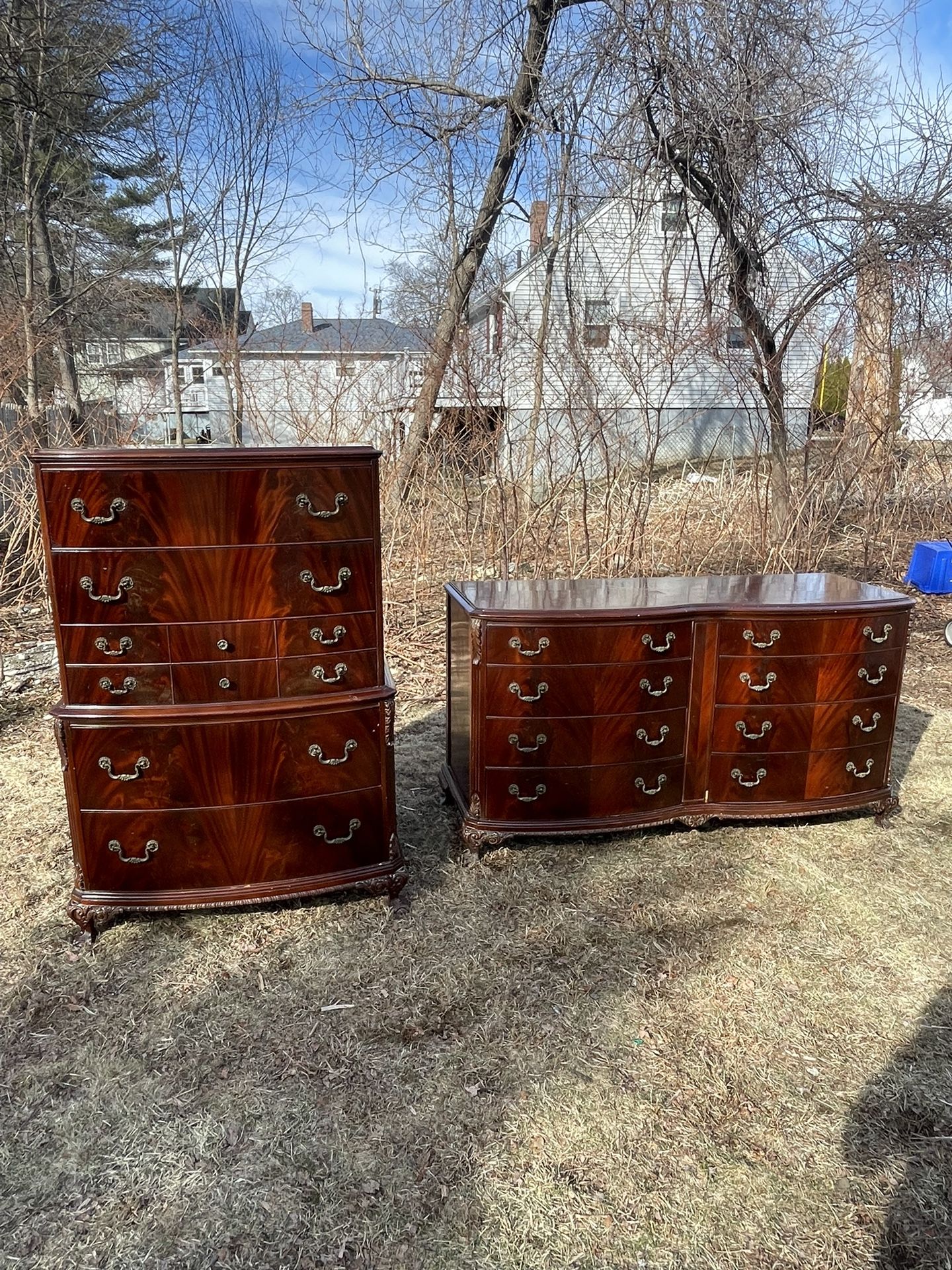 Antique Empire Neoclassic Flame Mahogany Clawfoot Dresser Set