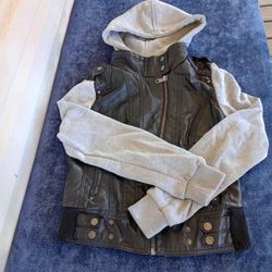 Last Kiss Black Leather Hybrid Gray Hooded Zip Moto Jacket Size Medium
