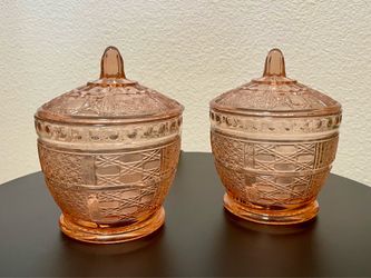 Vintage Depression Pink Glass Candy Dishes with Lid Pressed Glass Daisy and Cane