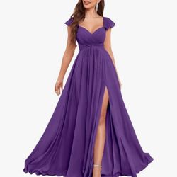 VCCICANY Ruffle Chiffon Bridesmaid Dresses with Slit Pleated Prom Dress with Pockets Evening Formal Gown