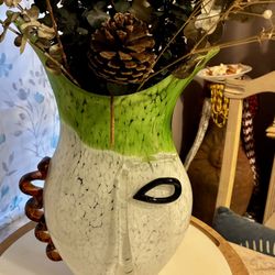 Murano-style Face Vase — Green Rim & Amber Spiral Handle
