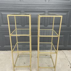 Set Of 2 Brass Gold And Glass Small Book Shelf End Tables Or Night Stands Boho Modern Nightstands Pair Side Tables Minimalist West Elm Mid CenTury