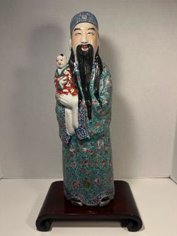 Late Qing/Early Republic Chinese Famille Verte Lu Xing Porcelain Figure w/ Child