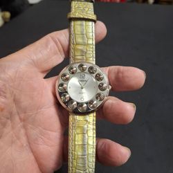 Chico's Quartz Watch, Large Faceted Clear Rhinestones With Alligator Patterned Leather Strap, Japan Movt. New Battery Works Perfectly