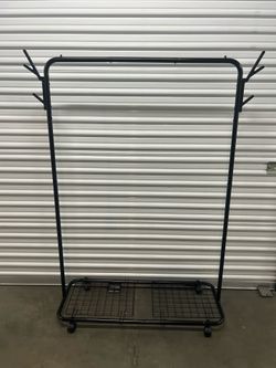 Black Metal Rolling Clothing Rack with Side Hooks & Wheels