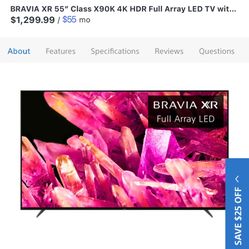 Sony TV QLED 4K Bravia XR-55X90K 55”