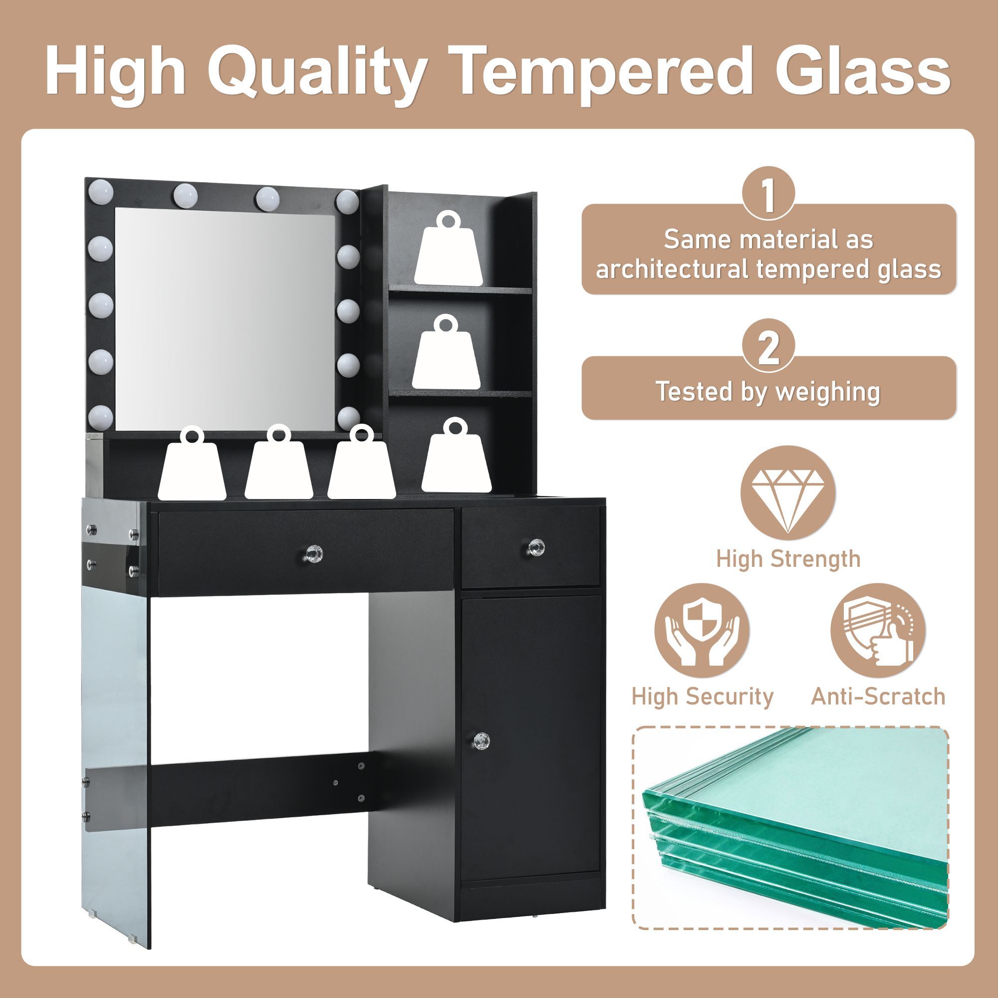 Vanity Desk with Mirror and 3 Lighting Modes, Makeup Vanity with Glass Top and Storage Shelves, Dressing Table with 2 Drawers and Cabinet, Black