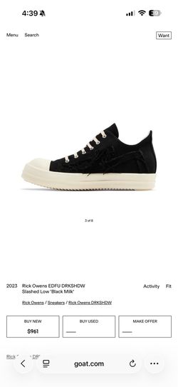 Rick Owens DRKSHDW EDFU Slashed Low Canvas Sneakers Black/White Men 9.5