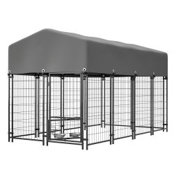 Dog Kennel Outdoor with Roof, 4.23'x7.81'x4.83' Welded Wire Enclosure, Heavy Duty Dog Crate with UV-Resistant Waterproof Cover, Double Lock & Rotating