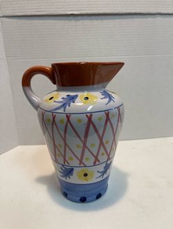 Hand Painted Pitcher with Floral Decoration 9.5" Tall Pottery