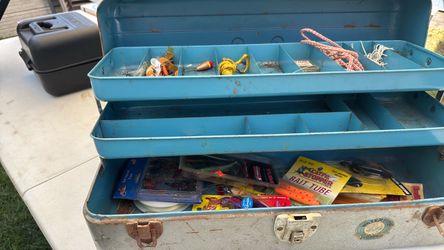 Vintage Metal Tackle Box with Fishing Gear