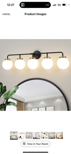 Black Gold Bathroom Light Fixtures Over Mirror, Modern Vanity Lighting with Milk White Glass Globe Shades 5-Light Farmhouse Wall Sconce