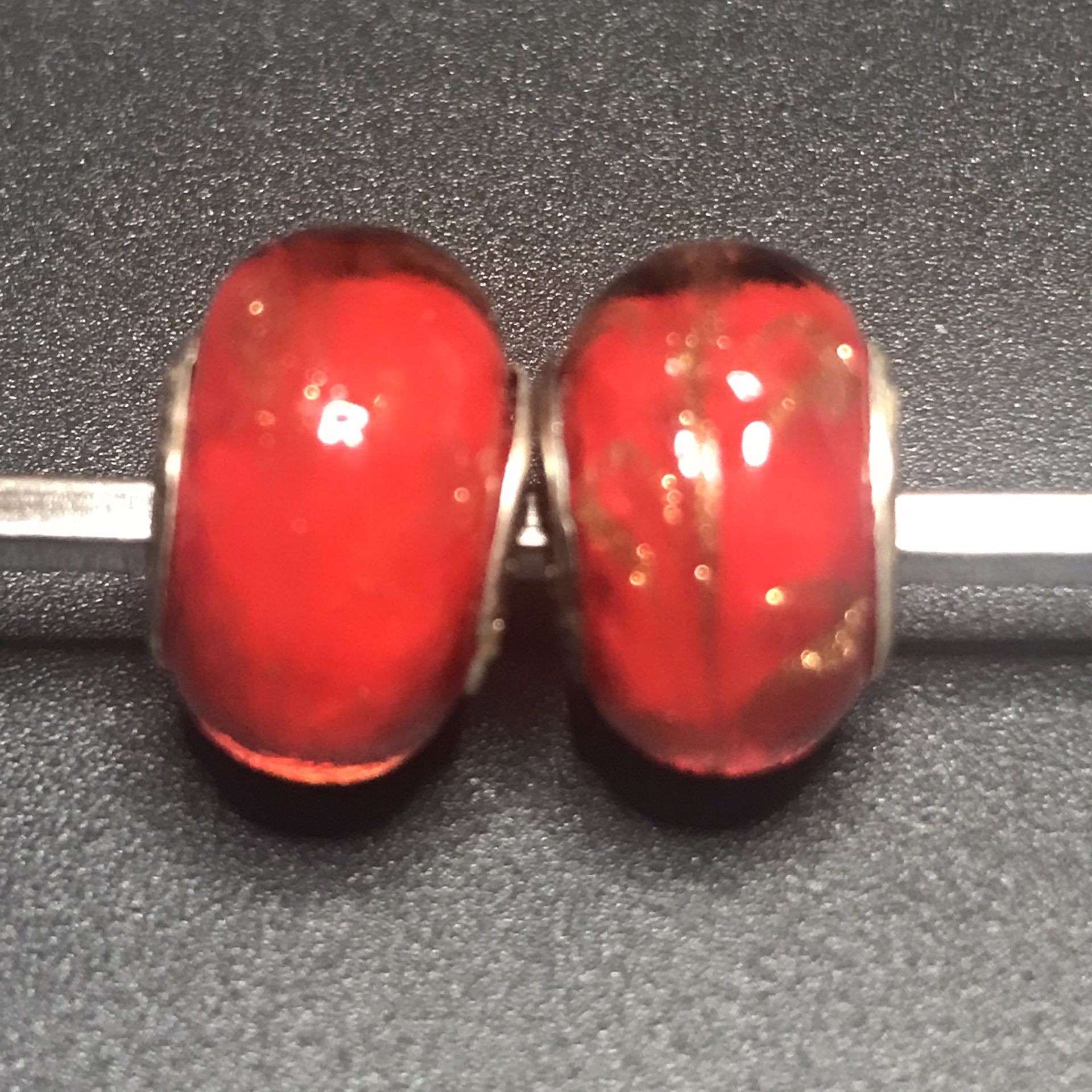 Red & Gold Glitter European Bracelet Beads Pair 